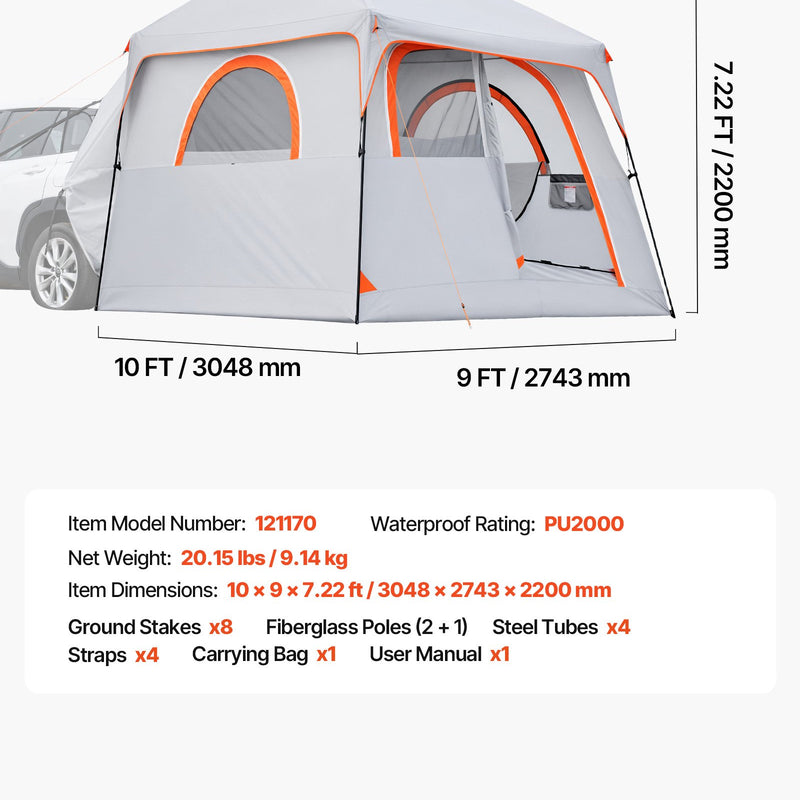 VEVOR SUV telts 6 personām 3,05 × 2,74 m, 3 sezonu bagāžnieka telts ar ventilējamām durvīm un sieta logiem, PU2000 mm ūdensizturība, divējāda lietošana, piemērota kempingam un pārgājieniem - ZEMLETES.LV