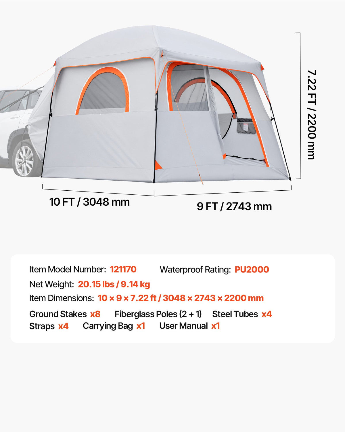 VEVOR SUV telts 6 personām 3,05 × 2,74 m, 3 sezonu bagāžnieka telts ar ventilējamām durvīm un sieta logiem, PU2000 mm ūdensizturība, divējāda lietošana, piemērota kempingam un pārgājieniem - ZEMLETES.LV