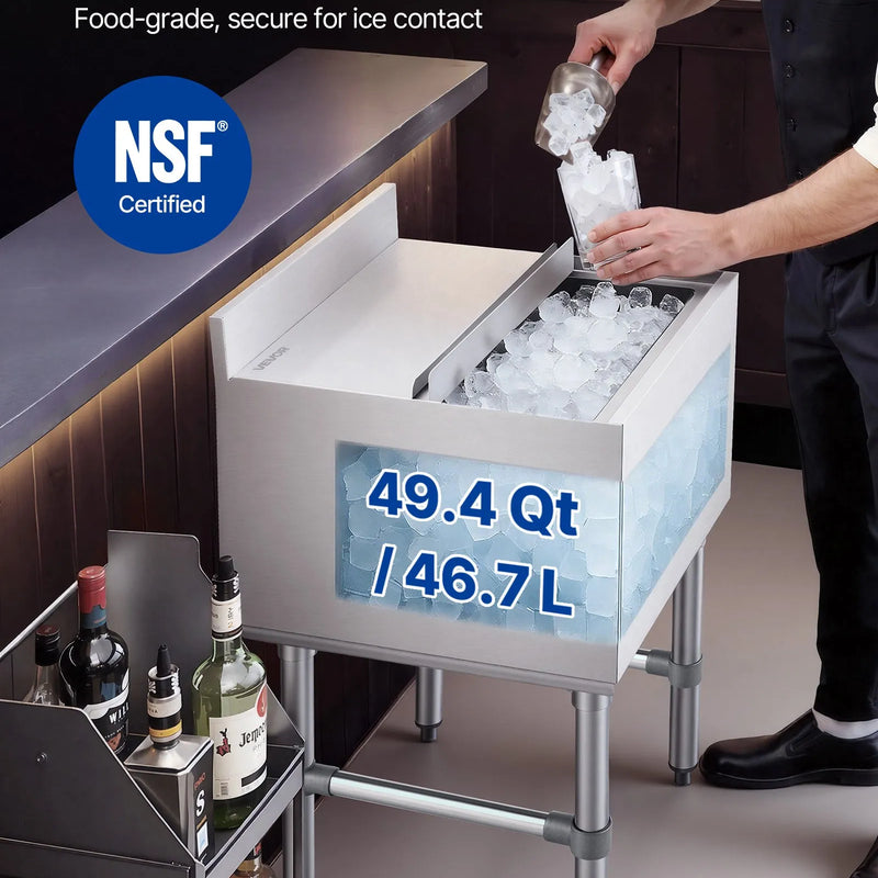 VEVOR komerciālais ledus konteiners 46,7 l, nerūsējošā tērauda ledus kaste 455 × 455 × 850 mm ar bīdāmu vāku un pudeļu turētājiem, kokteiļu stacija bāram, restorānam un krogam, NSF sertificēts - ZEMLETES.LV