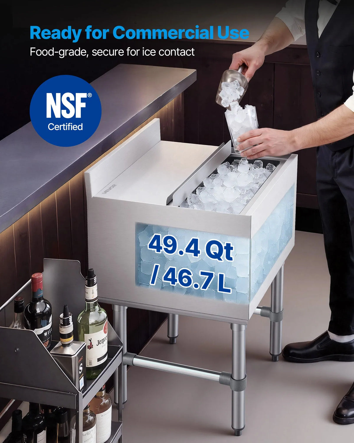 VEVOR komerciālais ledus konteiners 46,7 l, nerūsējošā tērauda ledus kaste 455 × 455 × 850 mm ar bīdāmu vāku un pudeļu turētājiem, kokteiļu stacija bāram, restorānam un krogam, NSF sertificēts - ZEMLETES.LV