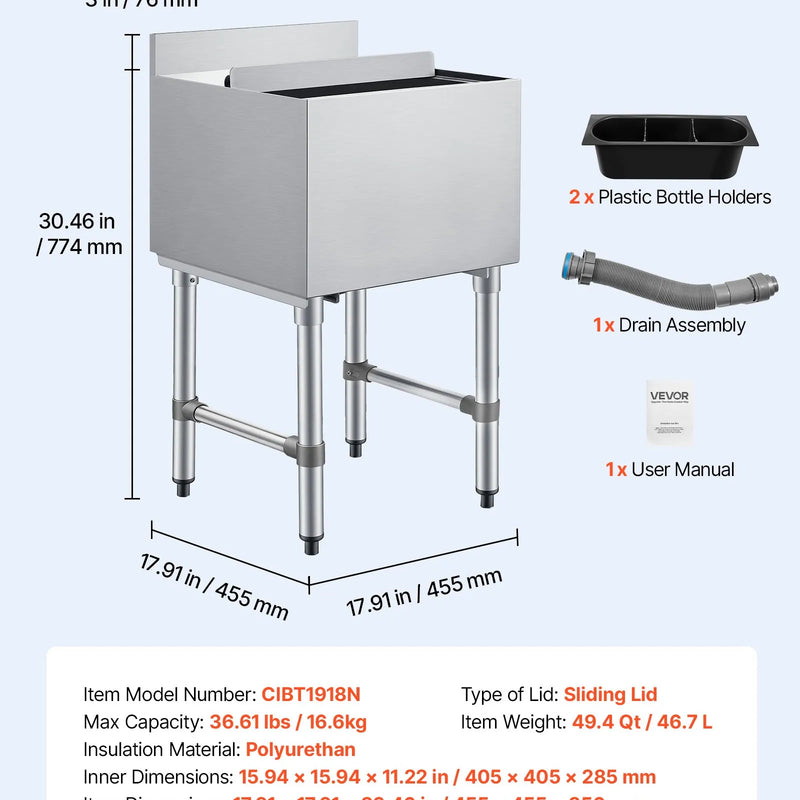 VEVOR komerciālais ledus konteiners 46,7 l, nerūsējošā tērauda ledus kaste 455 × 455 × 850 mm ar bīdāmu vāku un pudeļu turētājiem, kokteiļu stacija bāram, restorānam un krogam, NSF sertificēts - ZEMLETES.LV