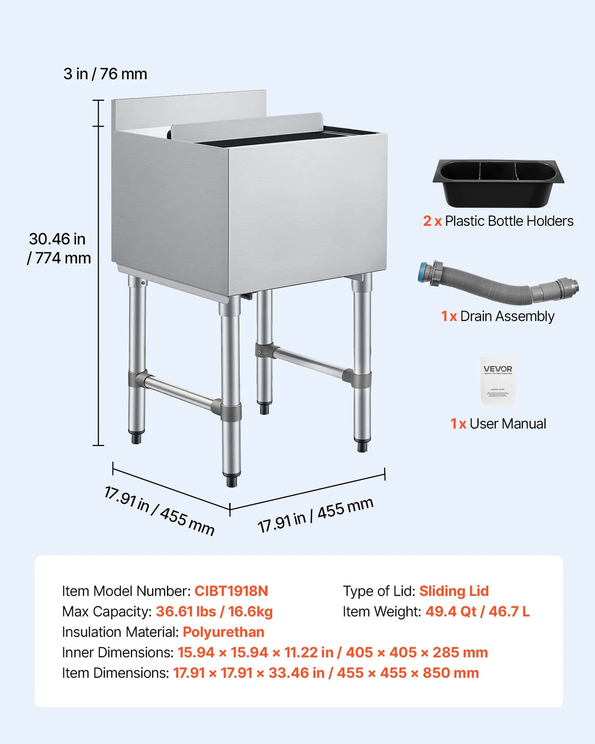 VEVOR komerciālais ledus konteiners 46,7 l, nerūsējošā tērauda ledus kaste 455 × 455 × 850 mm ar bīdāmu vāku un pudeļu turētājiem, kokteiļu stacija bāram, restorānam un krogam, NSF sertificēts - ZEMLETES.LV