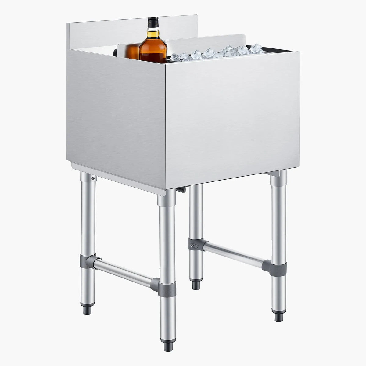 VEVOR komerciālais ledus konteiners 46,7 l, nerūsējošā tērauda ledus kaste 455 × 455 × 850 mm ar bīdāmu vāku un pudeļu turētājiem, kokteiļu stacija bāram, restorānam un krogam, NSF sertificēts - ZEMLETES.LV