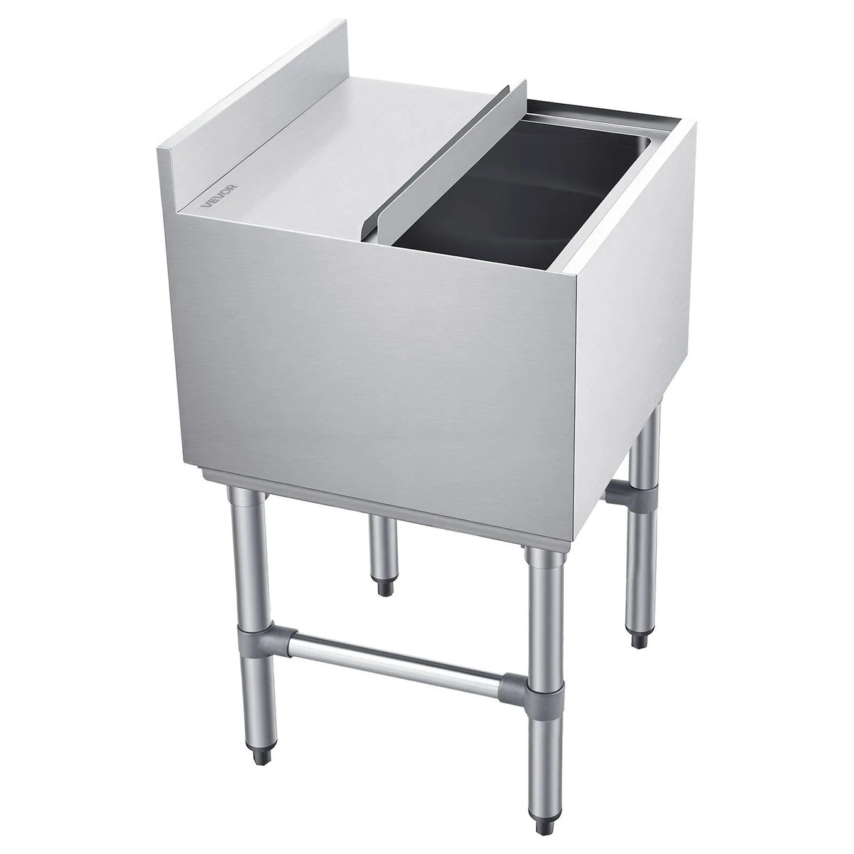 VEVOR komerciālais ledus konteiners 46,7 l, nerūsējošā tērauda ledus kaste 455 × 455 × 850 mm ar bīdāmu vāku un pudeļu turētājiem, kokteiļu stacija bāram, restorānam un krogam, NSF sertificēts - ZEMLETES.LV