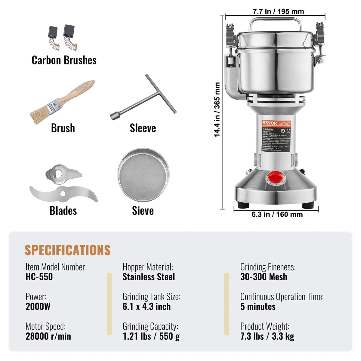 VEVOR Electric Grain Grinder 550 g, 2000 W, Stainless Steel Pulveriser, Straight Type
