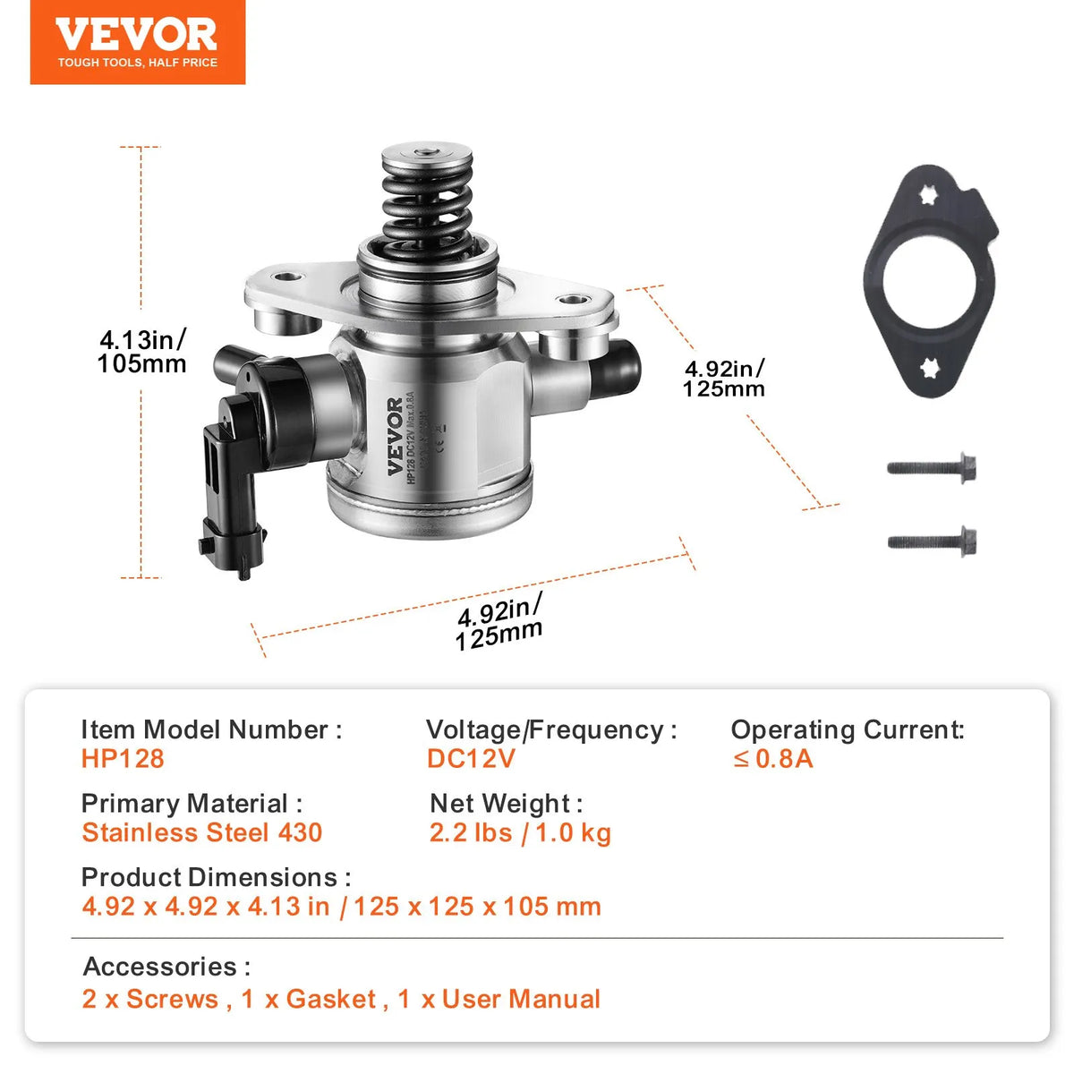VEVOR augstspiediena degvielas sūknis ar blīvi un skrūvēm Buick LaCrosse, Regal, Verano, Chevrolet Captiva Sport, Equinox, Impala, Malibu, GMC Terrain 2010–2017 2,4 l L4, nerūsējošais tērauds - ZEMLETES.LV