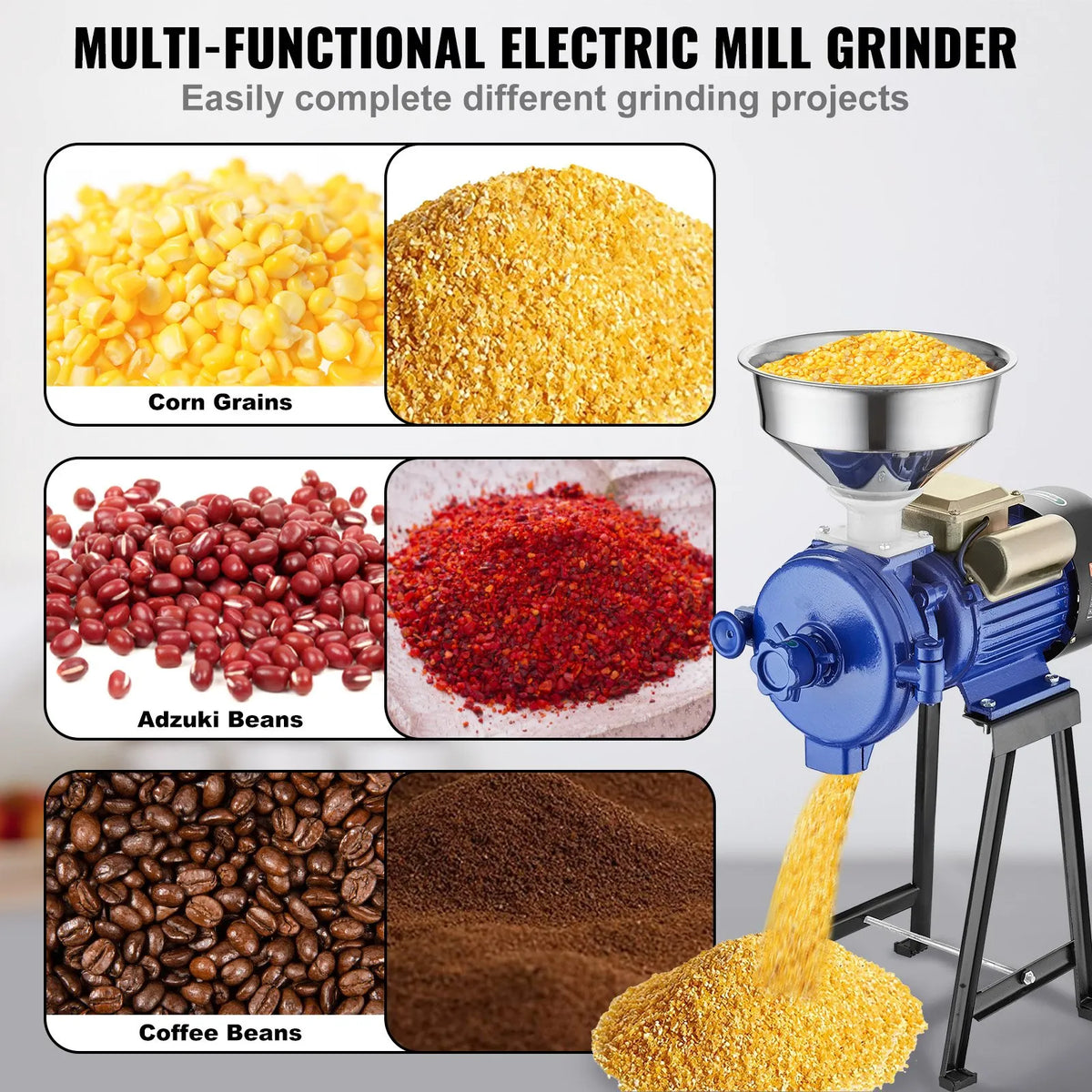 VEVOR Electric Corn and Grain Mill 3000 W with Hopper and Adjustable Fineness for Dry Grinding