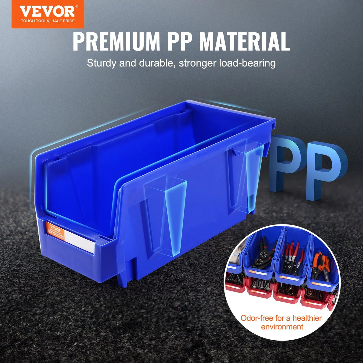 VEVOR plastmasas uzglabāšanas kastes 279 x 127 x 127 mm, piekarināmas un sakraujamas organizēšanas kastes, smagās klases uzglabāšanas konteineri skapim, virtuvei, birojam vai pieliekamajam, 12 gab., zila/sarkana - ZEMLETES.LV