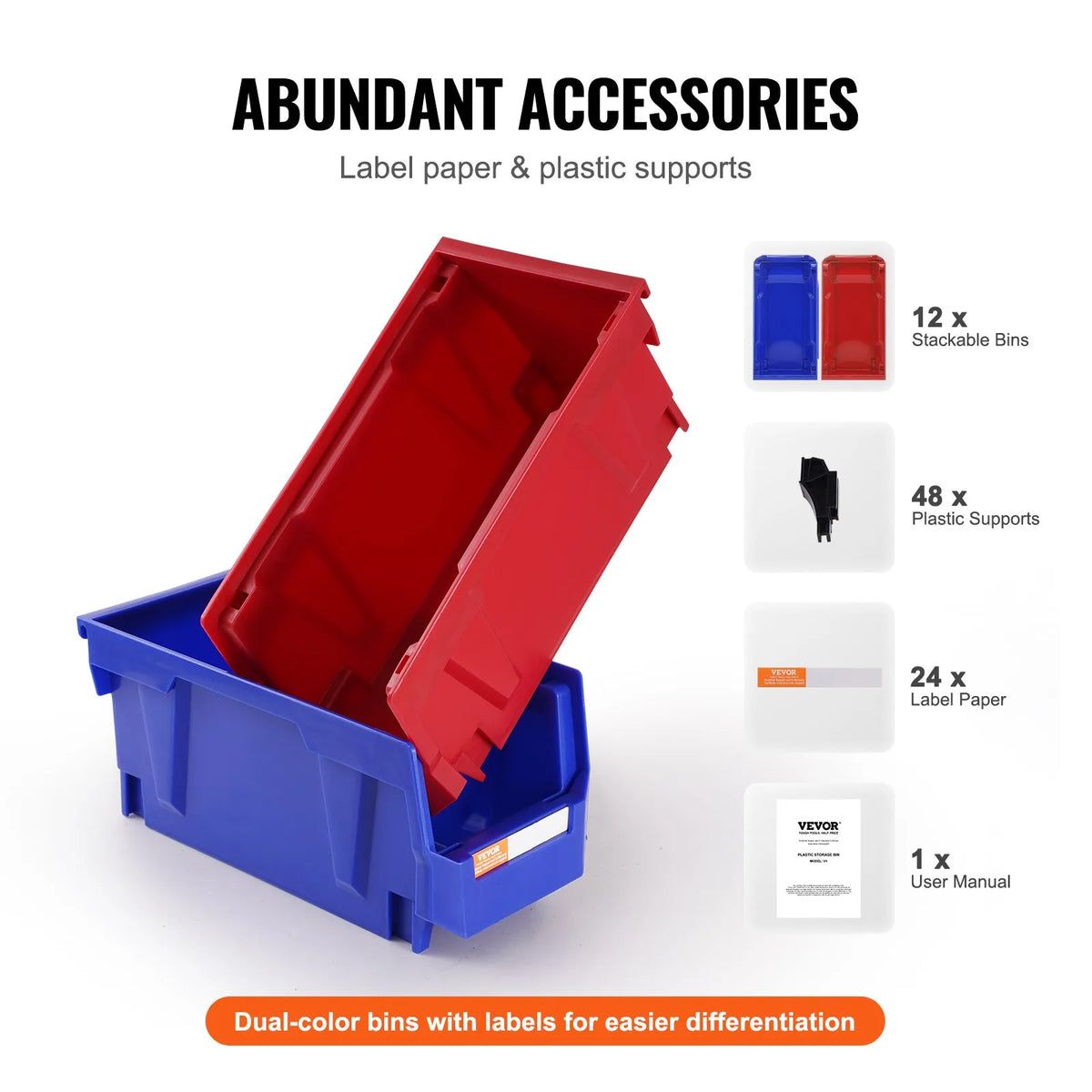 VEVOR plastmasas uzglabāšanas kastes 279 x 127 x 127 mm, piekarināmas un sakraujamas organizēšanas kastes, smagās klases uzglabāšanas konteineri skapim, virtuvei, birojam vai pieliekamajam, 12 gab., zila/sarkana - ZEMLETES.LV