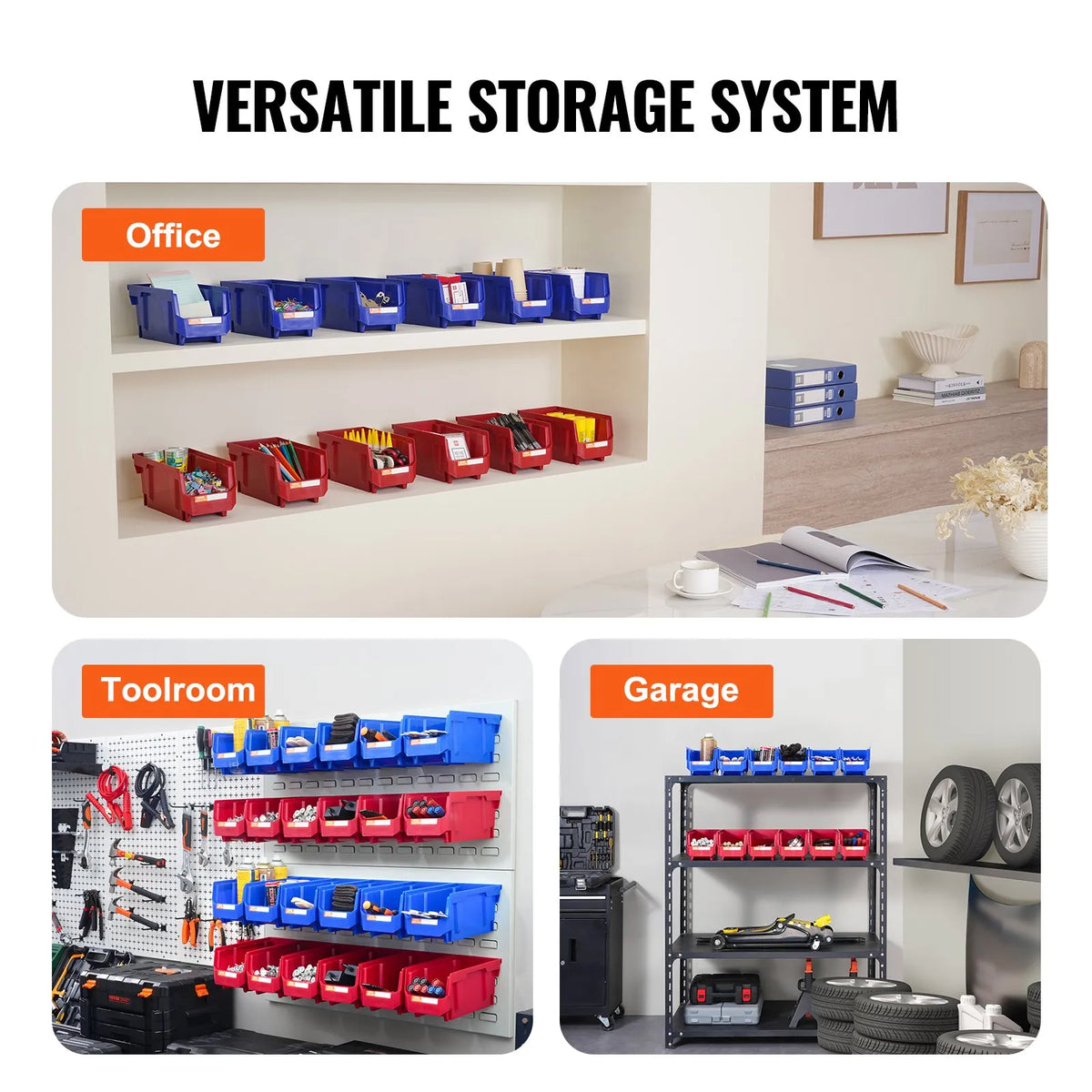 VEVOR plastmasas uzglabāšanas kastes 279 x 127 x 127 mm, piekarināmas un sakraujamas organizēšanas kastes, smagās klases uzglabāšanas konteineri skapim, virtuvei, birojam vai pieliekamajam, 12 gab., zila/sarkana - ZEMLETES.LV