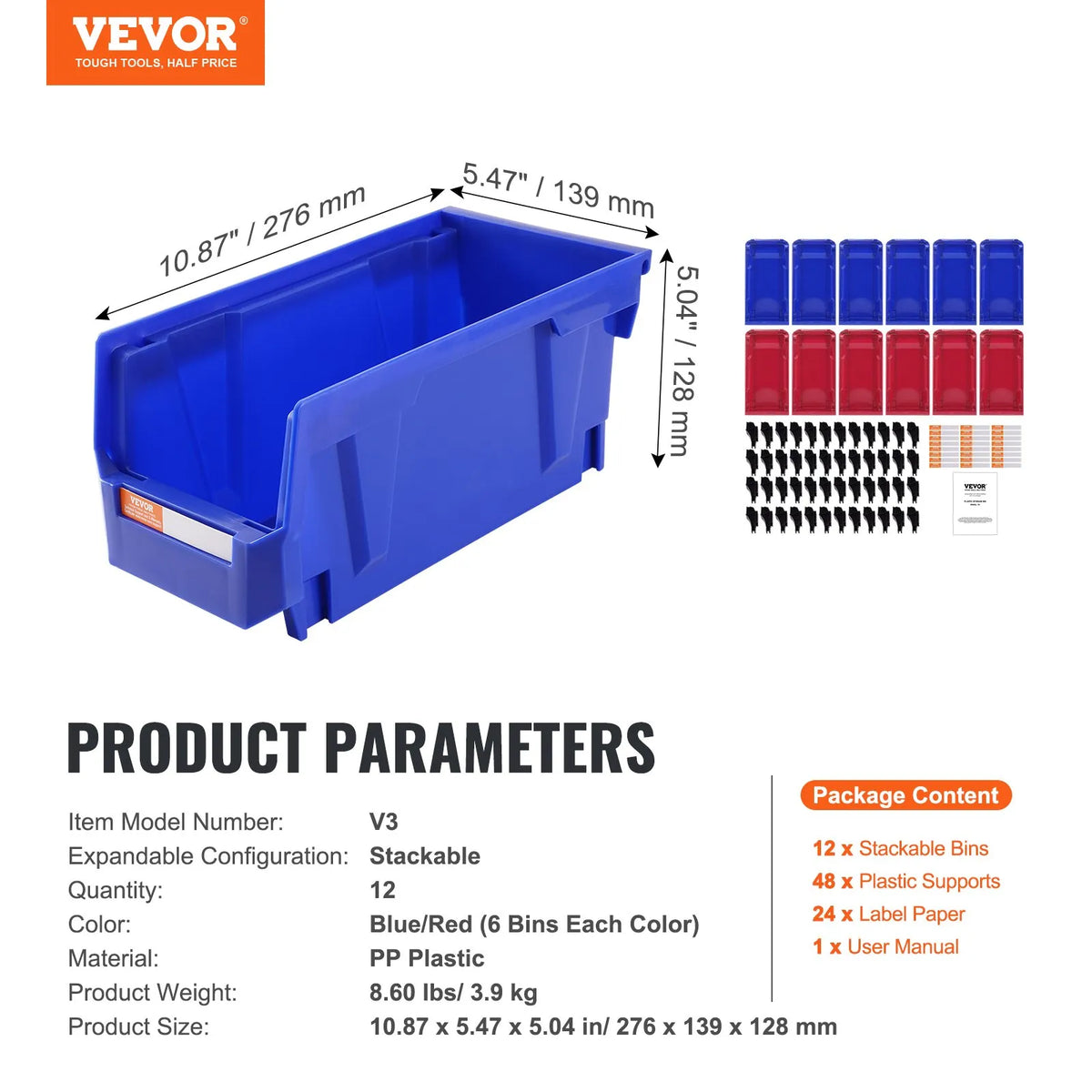 VEVOR plastmasas uzglabāšanas kastes 279 x 127 x 127 mm, piekarināmas un sakraujamas organizēšanas kastes, smagās klases uzglabāšanas konteineri skapim, virtuvei, birojam vai pieliekamajam, 12 gab., zila/sarkana - ZEMLETES.LV