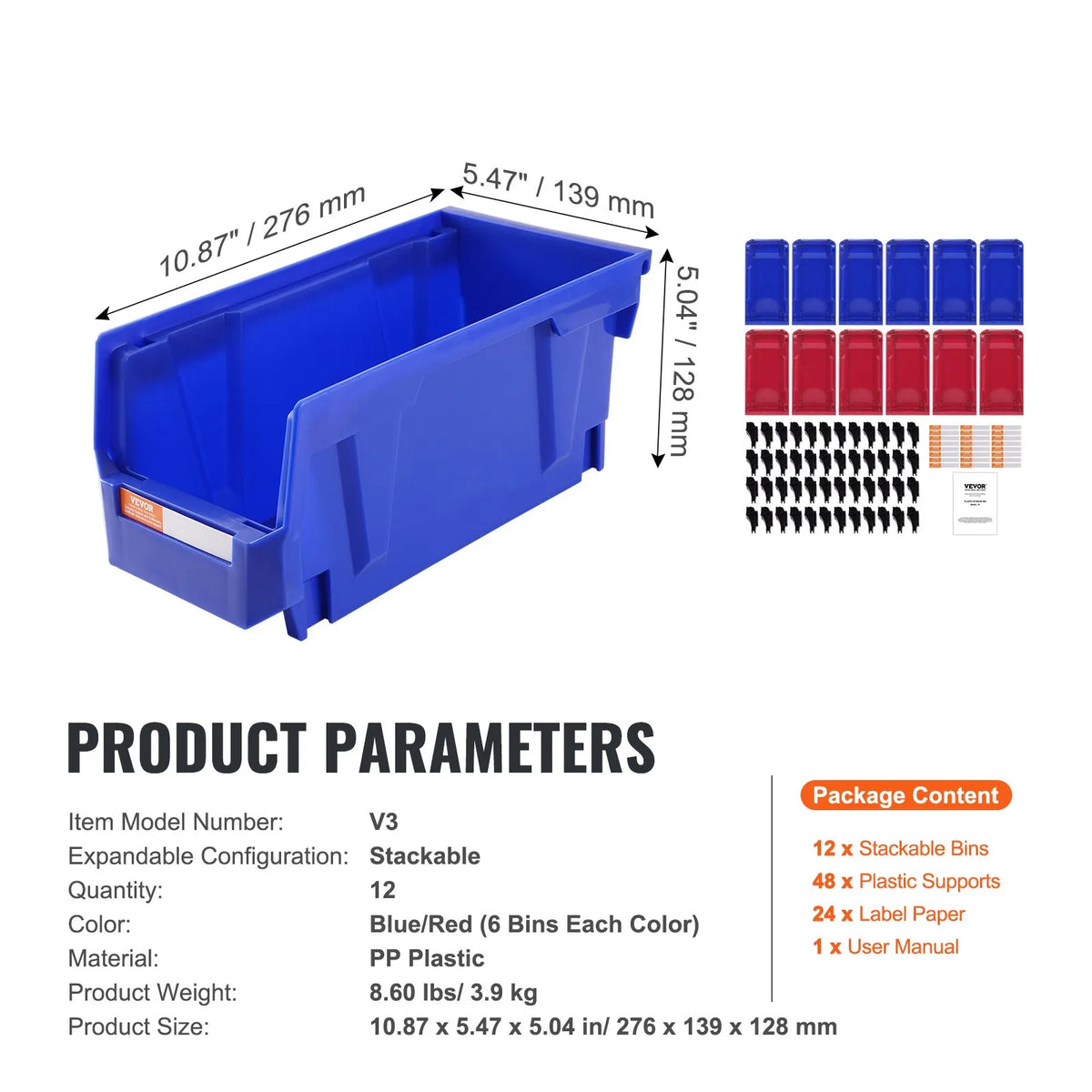 VEVOR plastmasas uzglabāšanas kastes 279 x 127 x 127 mm, piekarināmas un sakraujamas organizēšanas kastes, smagās klases uzglabāšanas konteineri skapim, virtuvei, birojam vai pieliekamajam, 12 gab., zila/sarkana - ZEMLETES.LV