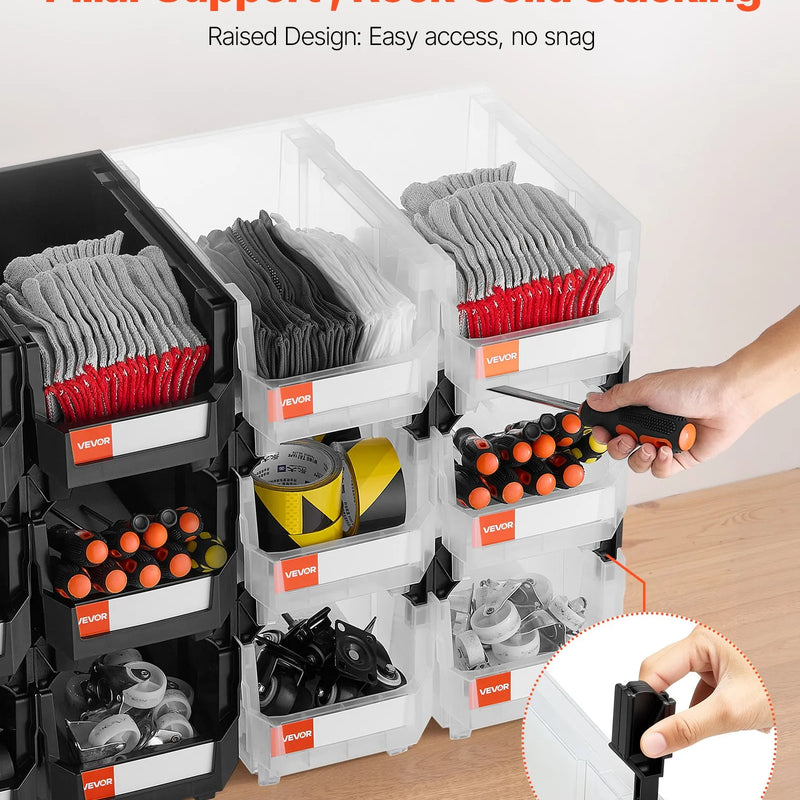 VEVOR sakraujamas plastmasas uzglabāšanas kastes 377 x 215 x 180 mm, konteineri garāžai, sīkām detaļām, biroja piederumiem un citiem aksesuāriem, 12 gab., melns / caurspīdīgs - ZEMLETES.LV