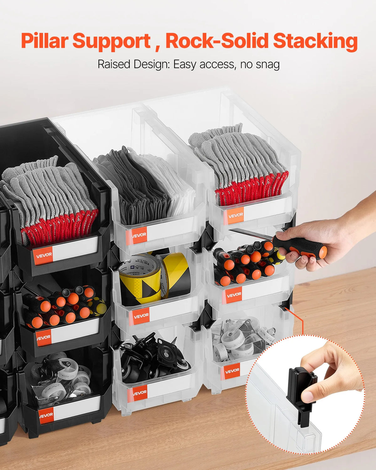 VEVOR sakraujamas plastmasas uzglabāšanas kastes 377 x 215 x 180 mm, konteineri garāžai, sīkām detaļām, biroja piederumiem un citiem aksesuāriem, 12 gab., melns / caurspīdīgs - ZEMLETES.LV