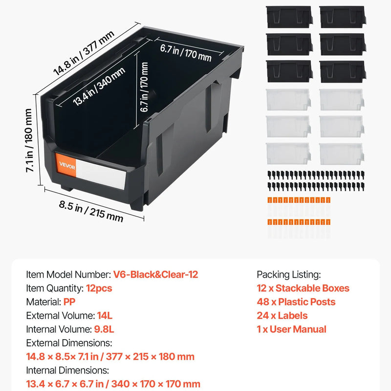 VEVOR sakraujamas plastmasas uzglabāšanas kastes 377 x 215 x 180 mm, konteineri garāžai, sīkām detaļām, biroja piederumiem un citiem aksesuāriem, 12 gab., melns / caurspīdīgs - ZEMLETES.LV