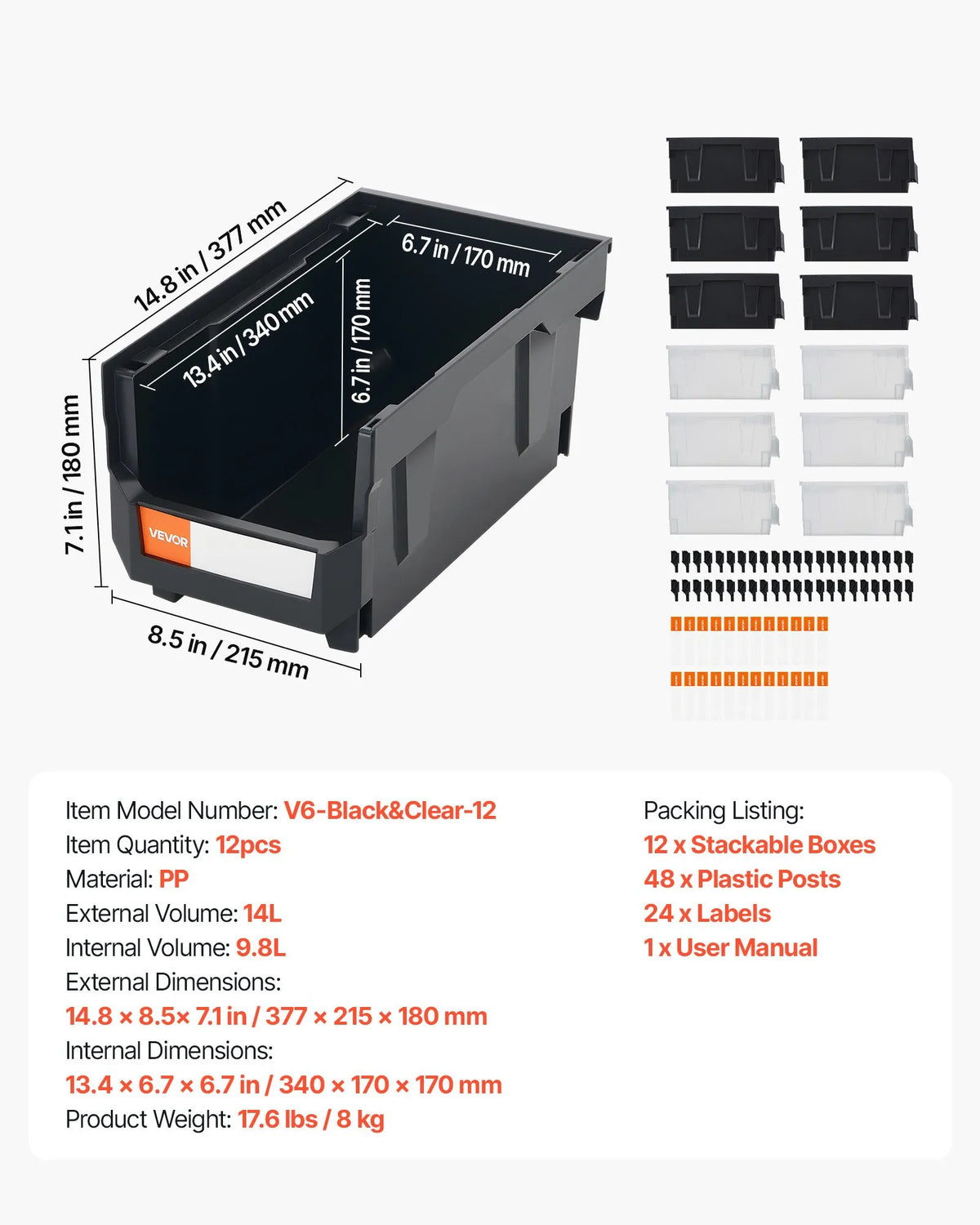 VEVOR sakraujamas plastmasas uzglabāšanas kastes 377 x 215 x 180 mm, konteineri garāžai, sīkām detaļām, biroja piederumiem un citiem aksesuāriem, 12 gab., melns / caurspīdīgs - ZEMLETES.LV