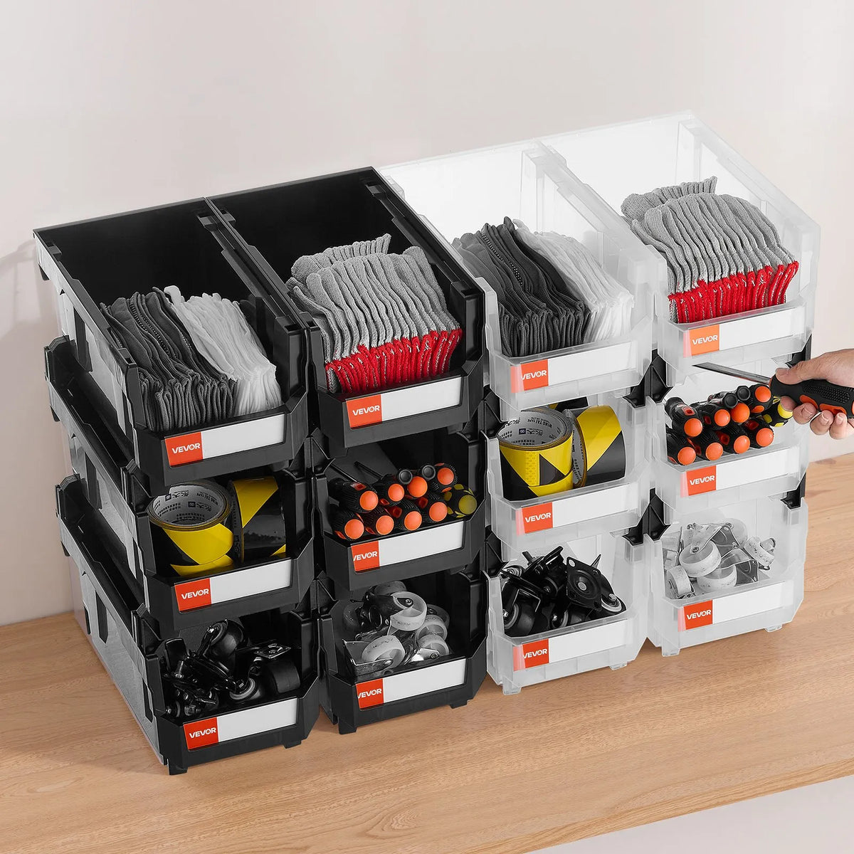 VEVOR sakraujamas plastmasas uzglabāšanas kastes 377 x 215 x 180 mm, konteineri garāžai, sīkām detaļām, biroja piederumiem un citiem aksesuāriem, 12 gab., melns / caurspīdīgs - ZEMLETES.LV