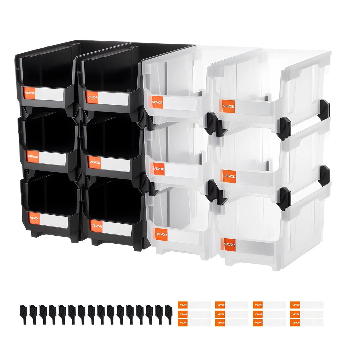 VEVOR sakraujamas plastmasas uzglabāšanas kastes 377 x 215 x 180 mm, konteineri garāžai, sīkām detaļām, biroja piederumiem un citiem aksesuāriem, 12 gab., melns / caurspīdīgs - ZEMLETES.LV