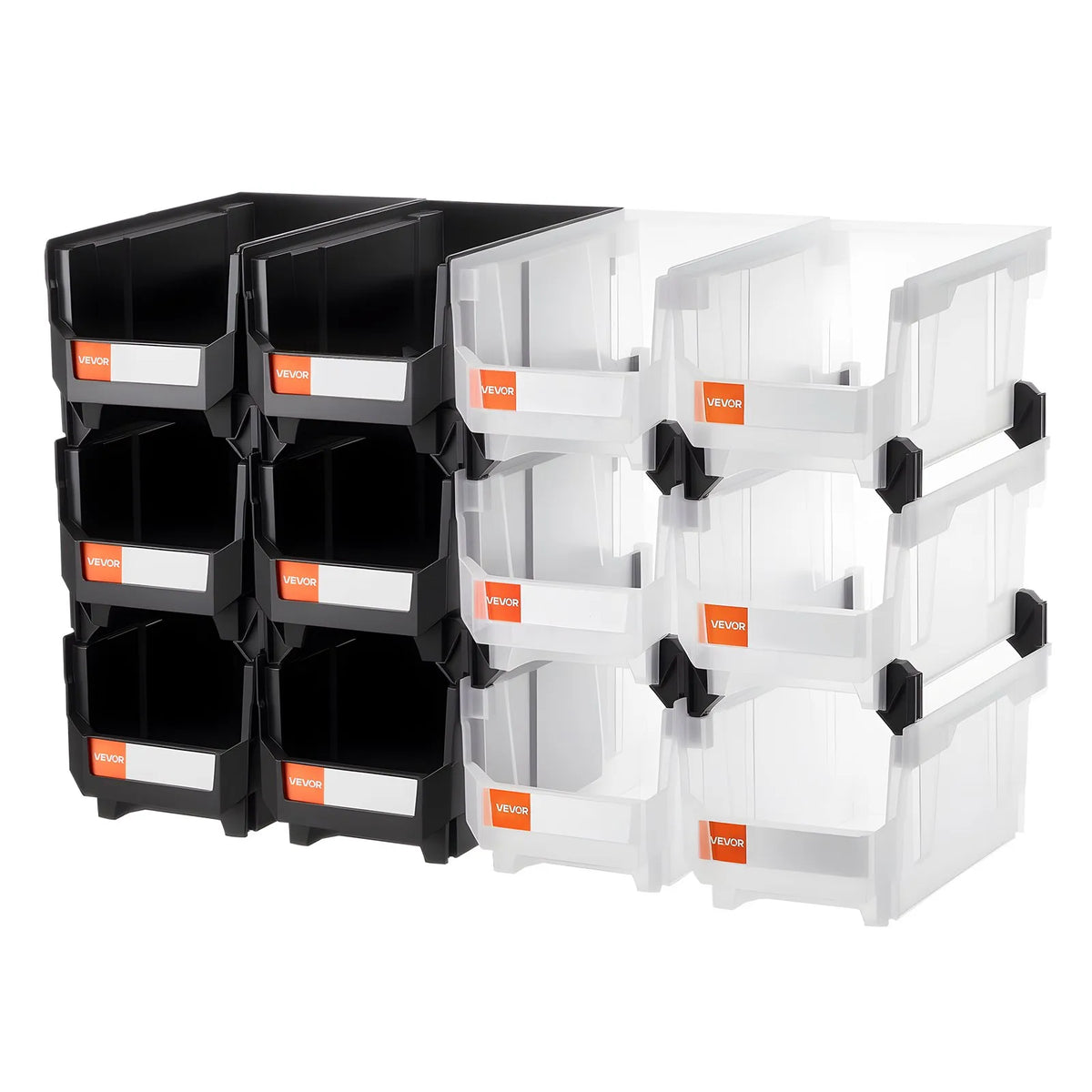 VEVOR sakraujamas plastmasas uzglabāšanas kastes 377 x 215 x 180 mm, konteineri garāžai, sīkām detaļām, biroja piederumiem un citiem aksesuāriem, 12 gab., melns / caurspīdīgs - ZEMLETES.LV