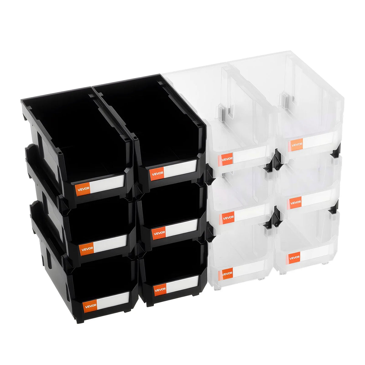 VEVOR sakraujamas plastmasas uzglabāšanas kastes 377 x 215 x 180 mm, konteineri garāžai, sīkām detaļām, biroja piederumiem un citiem aksesuāriem, 12 gab., melns / caurspīdīgs - ZEMLETES.LV