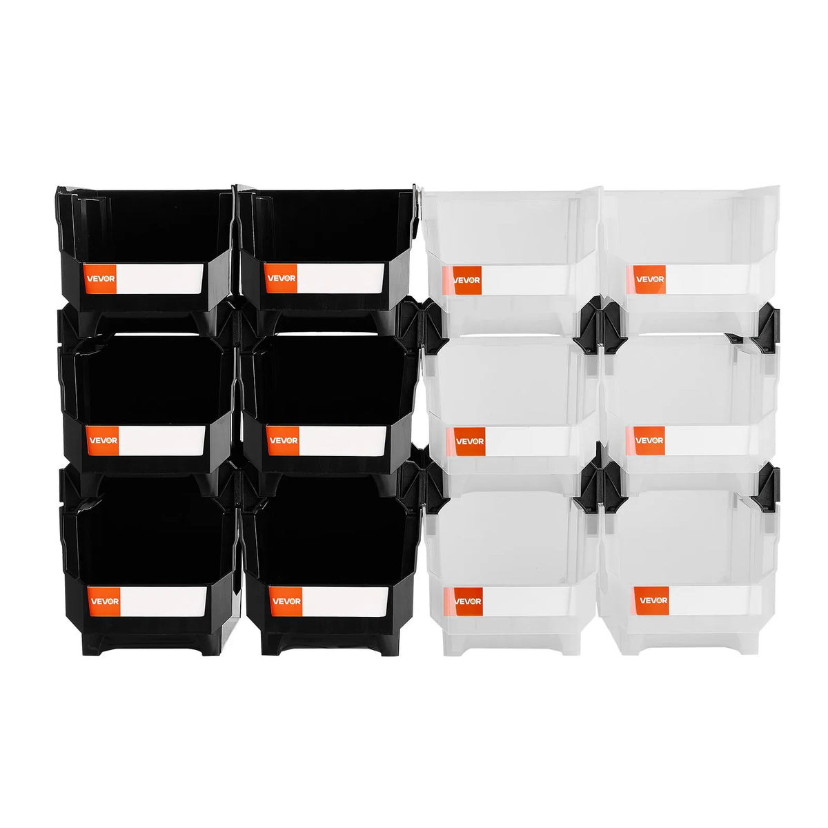 VEVOR sakraujamas plastmasas uzglabāšanas kastes 377 x 215 x 180 mm, konteineri garāžai, sīkām detaļām, biroja piederumiem un citiem aksesuāriem, 12 gab., melns / caurspīdīgs - ZEMLETES.LV
