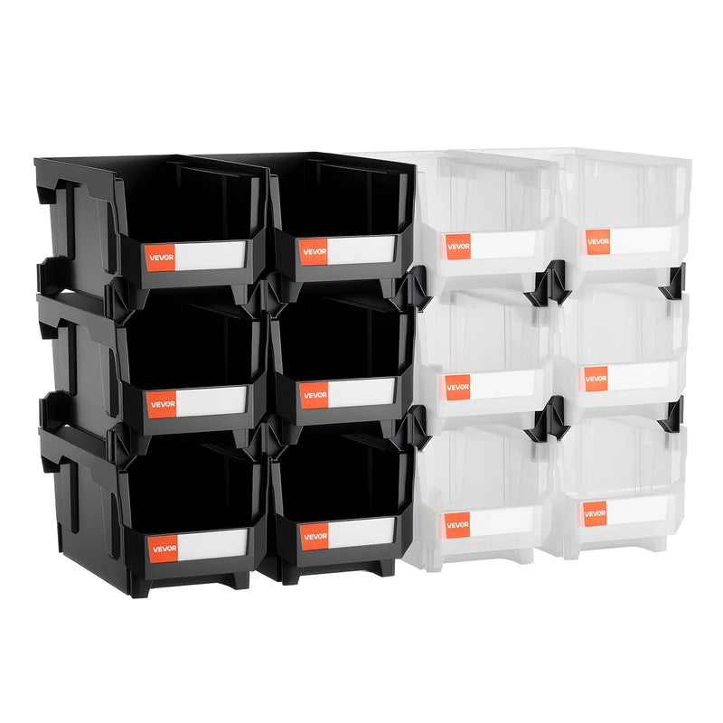 VEVOR sakraujamas plastmasas uzglabāšanas kastes 377 x 215 x 180 mm, konteineri garāžai, sīkām detaļām, biroja piederumiem un citiem aksesuāriem, 12 gab., melns / caurspīdīgs - ZEMLETES.LV