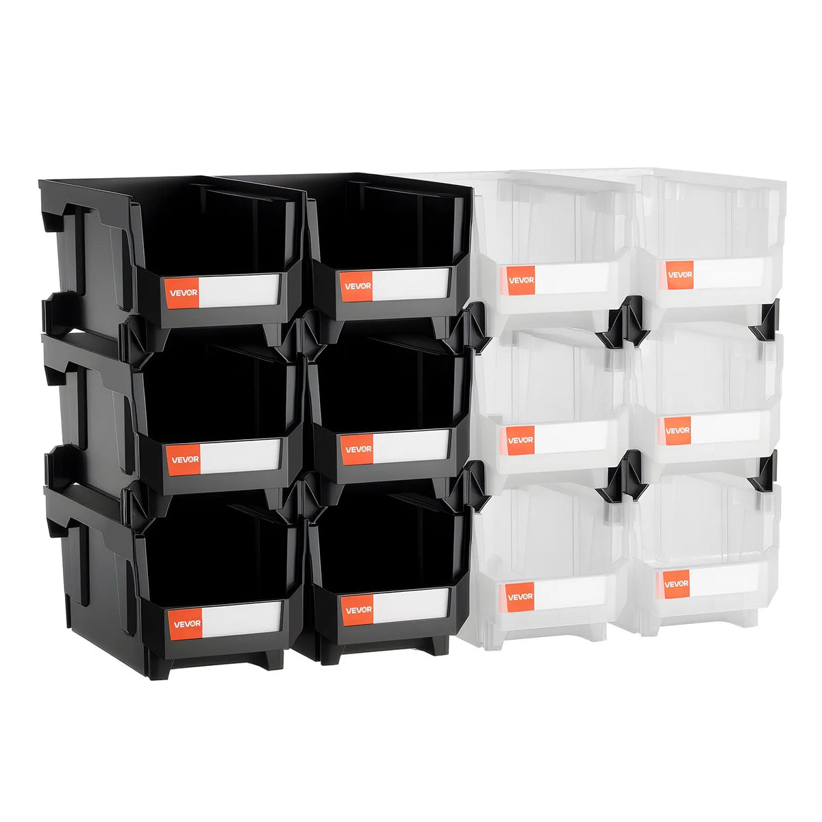 VEVOR sakraujamas plastmasas uzglabāšanas kastes 377 x 215 x 180 mm, konteineri garāžai, sīkām detaļām, biroja piederumiem un citiem aksesuāriem, 12 gab., melns / caurspīdīgs - ZEMLETES.LV