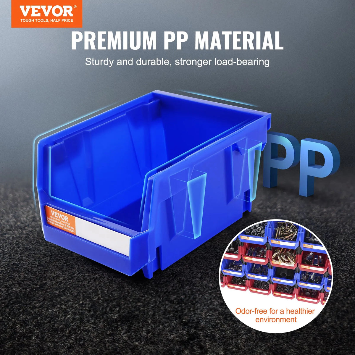 VEVOR plastmasas uzglabāšanas kastes 127 x 102 x 76 mm, piekarināmas un sakraujamas organizēšanas kastes, smagās klases uzglabāšanas konteineri skapim, virtuvei, birojam vai pieliekamajam, 24 gab., zila/sarkana - ZEMLETES.LV
