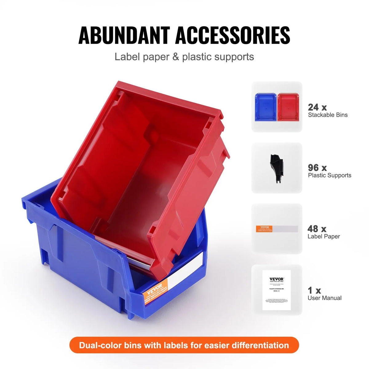 VEVOR plastmasas uzglabāšanas kastes 127 x 102 x 76 mm, piekarināmas un sakraujamas organizēšanas kastes, smagās klases uzglabāšanas konteineri skapim, virtuvei, birojam vai pieliekamajam, 24 gab., zila/sarkana - ZEMLETES.LV
