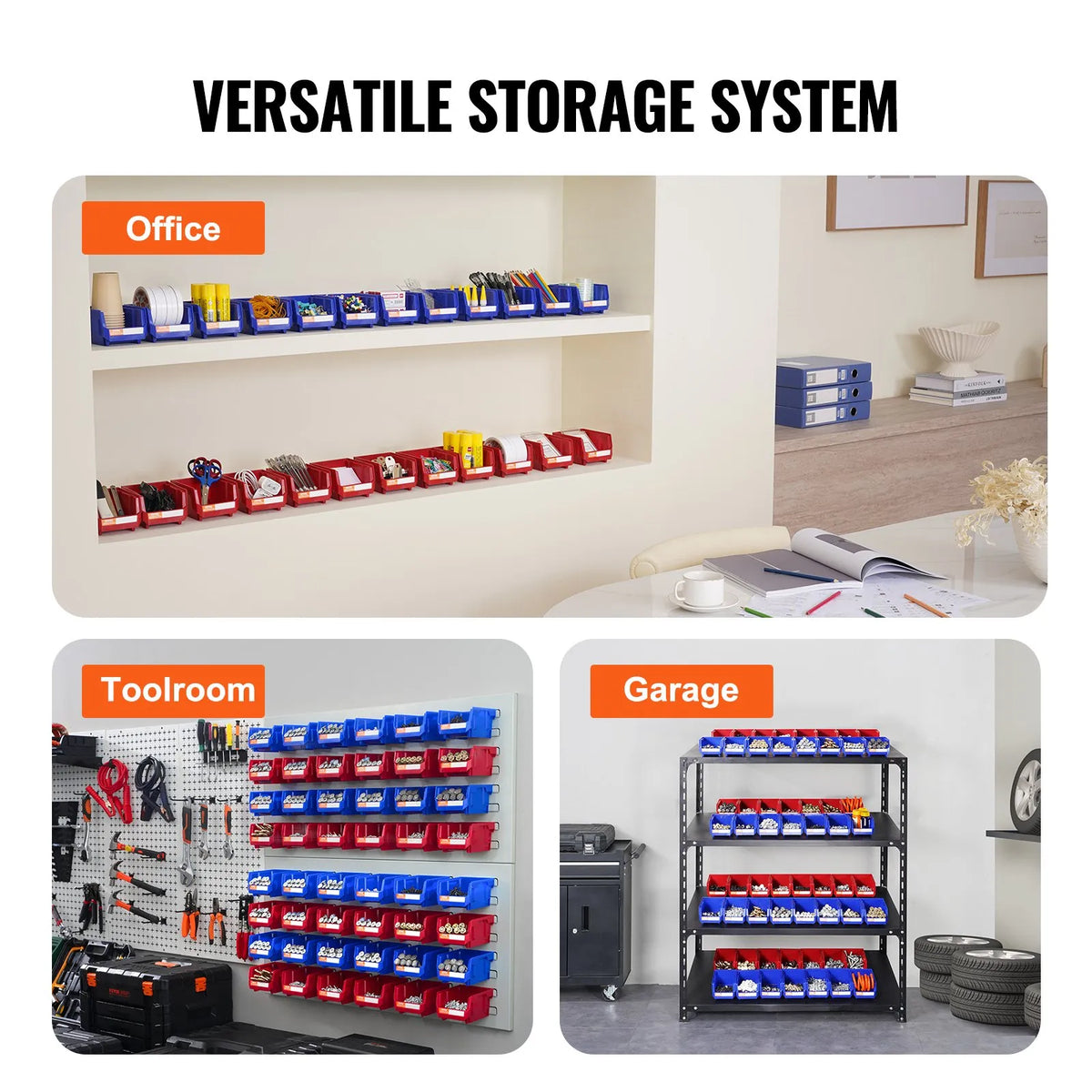 VEVOR plastmasas uzglabāšanas kastes 127 x 102 x 76 mm, piekarināmas un sakraujamas organizēšanas kastes, smagās klases uzglabāšanas konteineri skapim, virtuvei, birojam vai pieliekamajam, 24 gab., zila/sarkana - ZEMLETES.LV