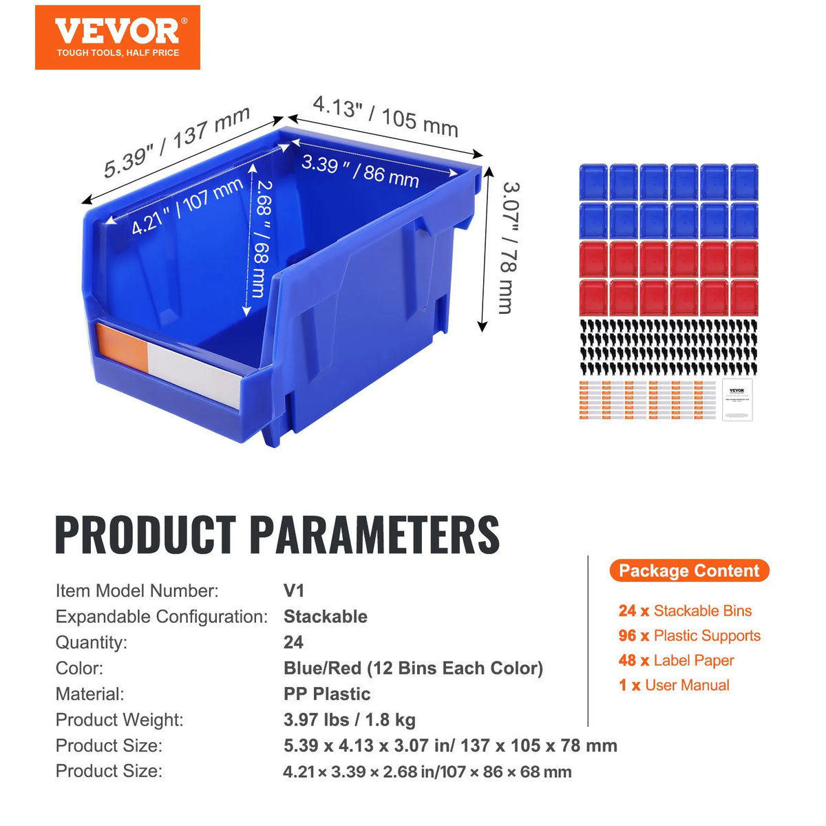 VEVOR plastmasas uzglabāšanas kastes 127 x 102 x 76 mm, piekarināmas un sakraujamas organizēšanas kastes, smagās klases uzglabāšanas konteineri skapim, virtuvei, birojam vai pieliekamajam, 24 gab., zila/sarkana - ZEMLETES.LV