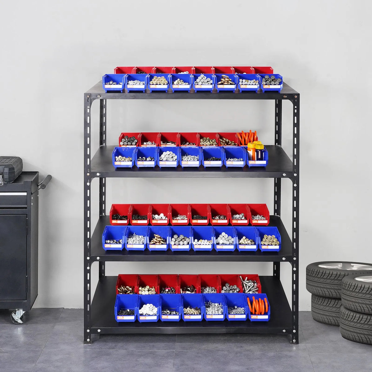 VEVOR plastmasas uzglabāšanas kastes 127 x 102 x 76 mm, piekarināmas un sakraujamas organizēšanas kastes, smagās klases uzglabāšanas konteineri skapim, virtuvei, birojam vai pieliekamajam, 24 gab., zila/sarkana - ZEMLETES.LV