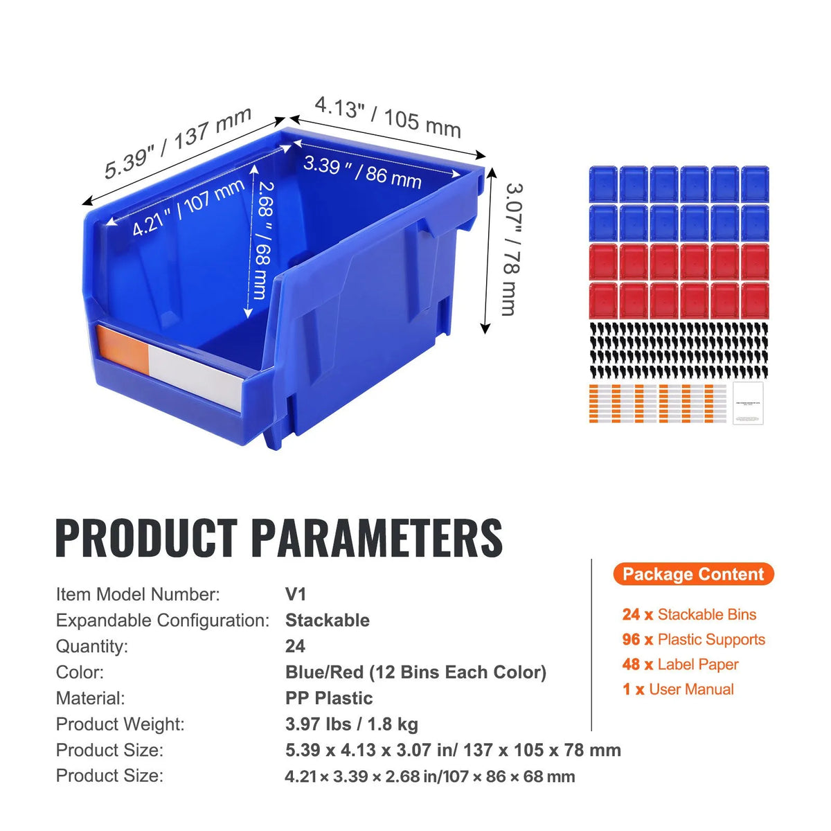 VEVOR plastmasas uzglabāšanas kastes 127 x 102 x 76 mm, piekarināmas un sakraujamas organizēšanas kastes, smagās klases uzglabāšanas konteineri skapim, virtuvei, birojam vai pieliekamajam, 24 gab., zila/sarkana - ZEMLETES.LV