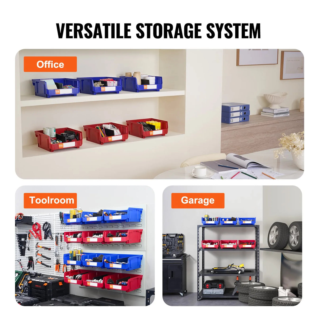 VEVOR plastmasas uzglabāšanas kastes 279 x 279 x 127 mm, piekarināmas un sakraujamas organizēšanas kastes skapim, virtuvei, birojam vai pieliekamajam, 6 gab., zila/sarkana - ZEMLETES.LV