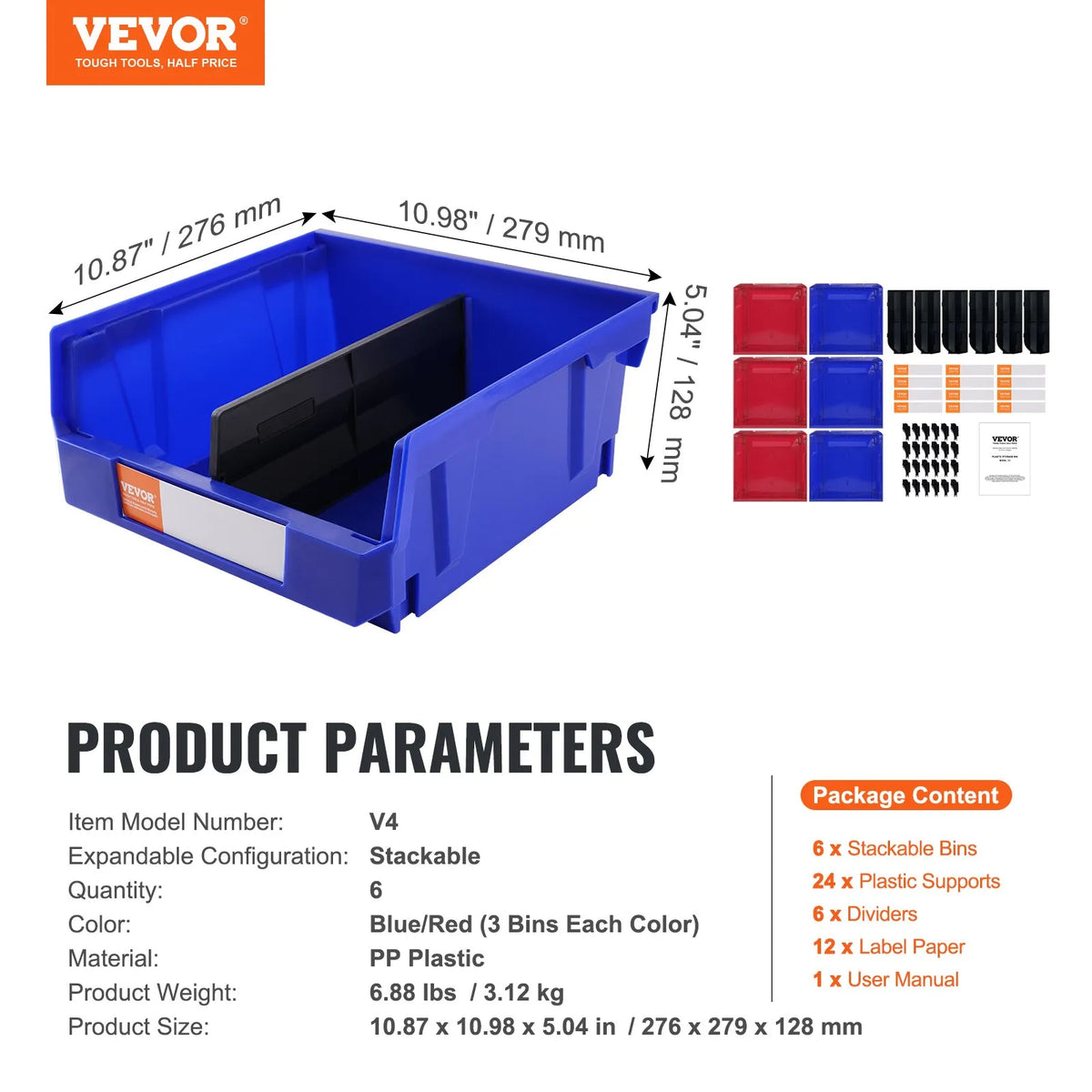 VEVOR plastmasas uzglabāšanas kastes 279 x 279 x 127 mm, piekarināmas un sakraujamas organizēšanas kastes skapim, virtuvei, birojam vai pieliekamajam, 6 gab., zila/sarkana - ZEMLETES.LV