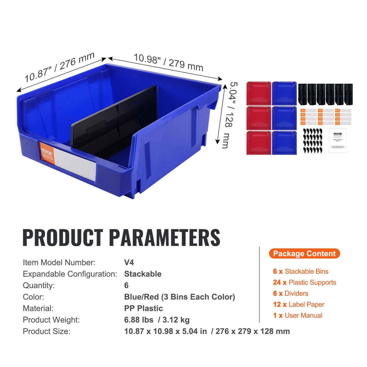VEVOR plastmasas uzglabāšanas kastes 279 x 279 x 127 mm, piekarināmas un sakraujamas organizēšanas kastes skapim, virtuvei, birojam vai pieliekamajam, 6 gab., zila/sarkana - ZEMLETES.LV