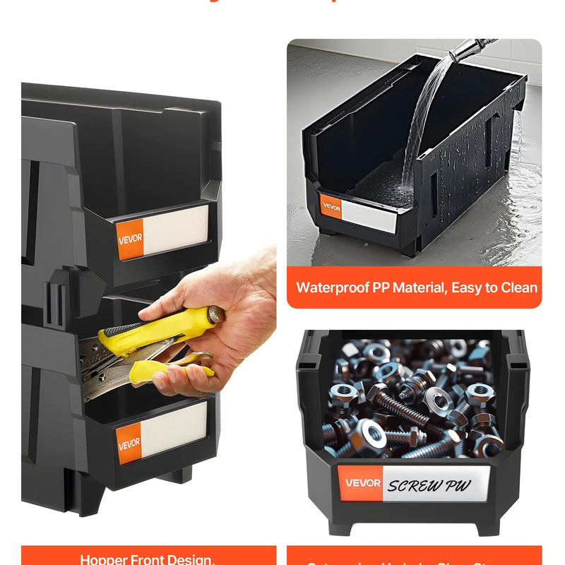 VEVOR sakraujamas plastmasas uzglabāšanas kastes 377 x 215 x 180 mm, konteineri skapim, garāžai, sīkām detaļām, biroja piederumiem un citiem aksesuāriem, 6 gab., melnas - ZEMLETES.LV