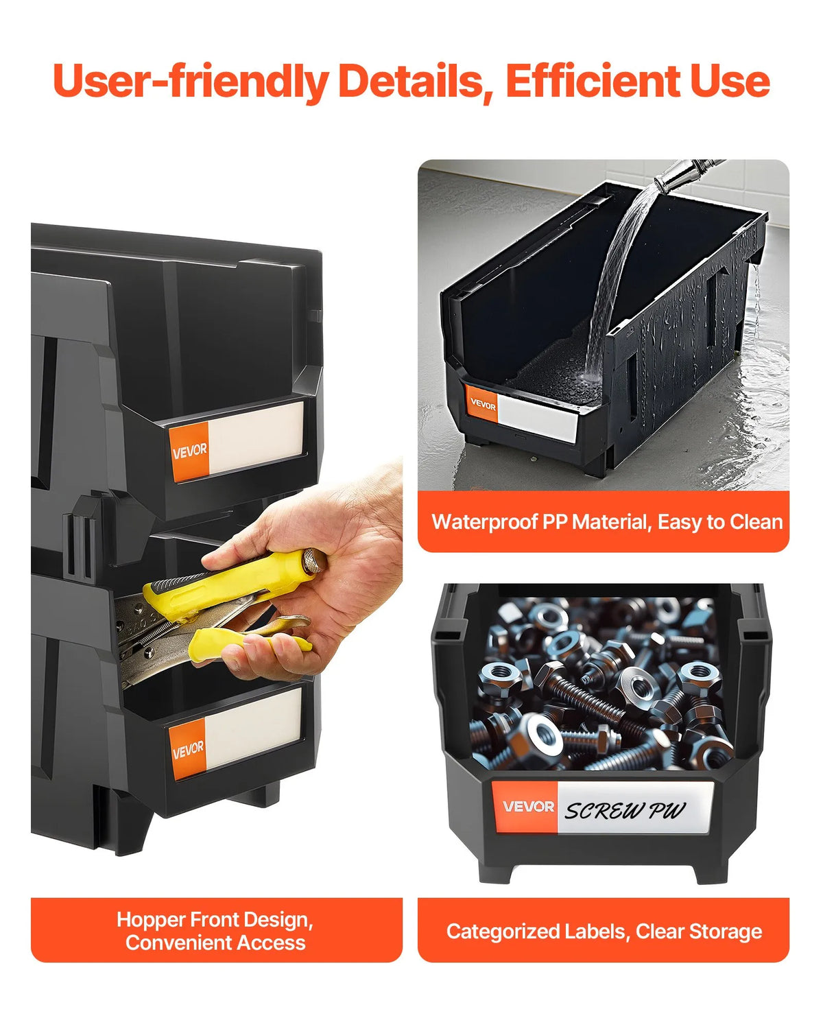VEVOR sakraujamas plastmasas uzglabāšanas kastes 377 x 215 x 180 mm, konteineri skapim, garāžai, sīkām detaļām, biroja piederumiem un citiem aksesuāriem, 6 gab., melnas - ZEMLETES.LV