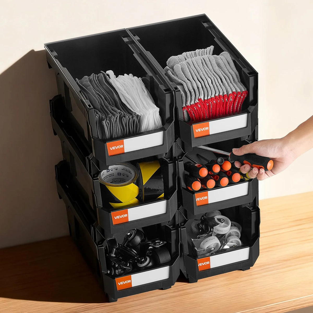 VEVOR sakraujamas plastmasas uzglabāšanas kastes 377 x 215 x 180 mm, konteineri skapim, garāžai, sīkām detaļām, biroja piederumiem un citiem aksesuāriem, 6 gab., melnas - ZEMLETES.LV
