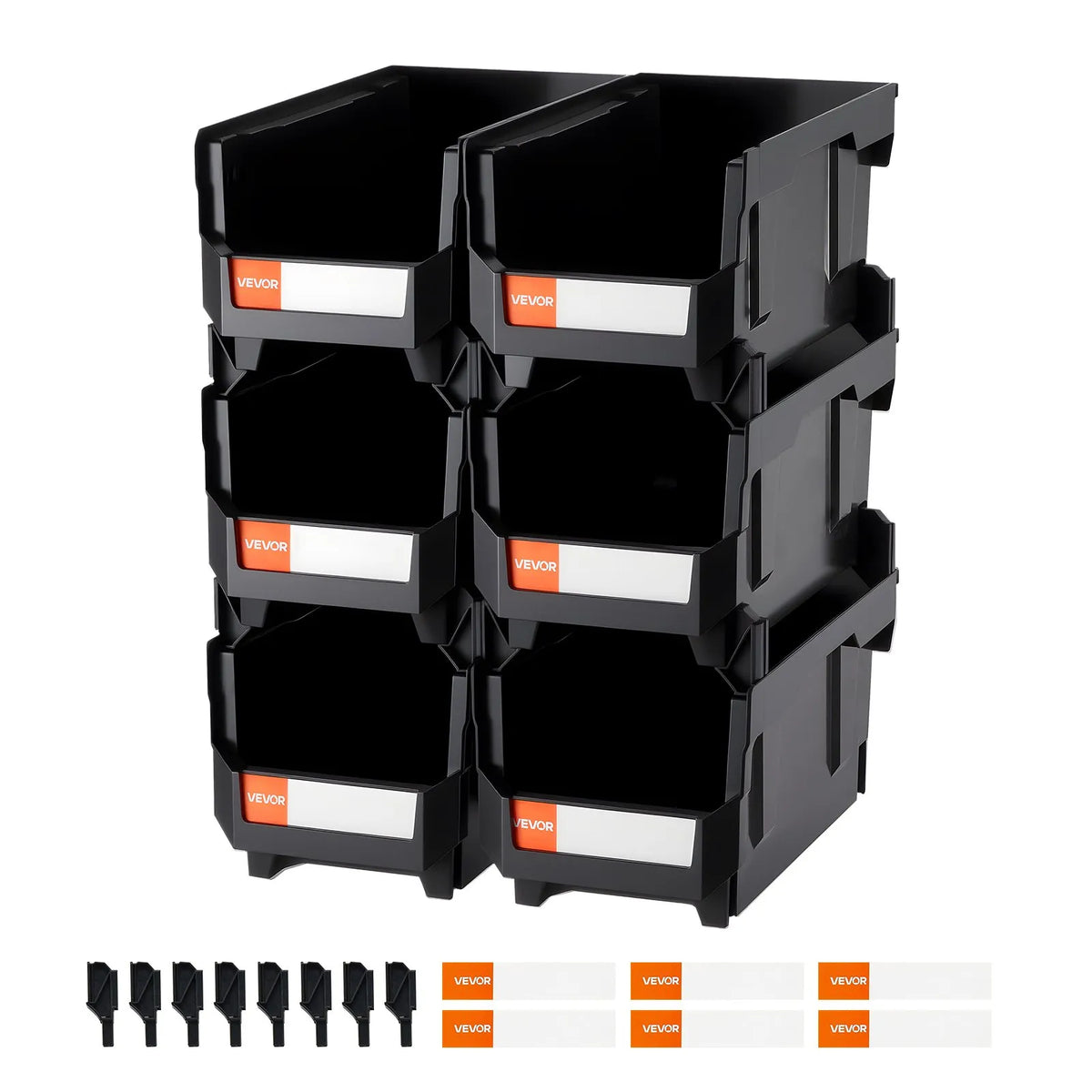 VEVOR sakraujamas plastmasas uzglabāšanas kastes 377 x 215 x 180 mm, konteineri skapim, garāžai, sīkām detaļām, biroja piederumiem un citiem aksesuāriem, 6 gab., melnas - ZEMLETES.LV