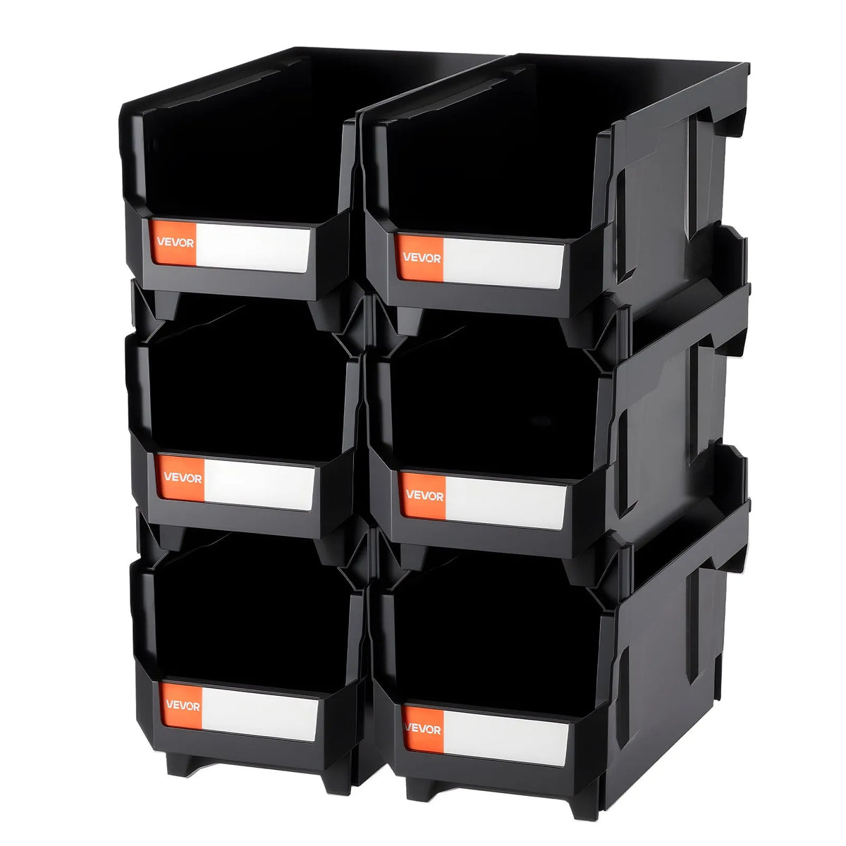 VEVOR sakraujamas plastmasas uzglabāšanas kastes 377 x 215 x 180 mm, konteineri skapim, garāžai, sīkām detaļām, biroja piederumiem un citiem aksesuāriem, 6 gab., melnas - ZEMLETES.LV