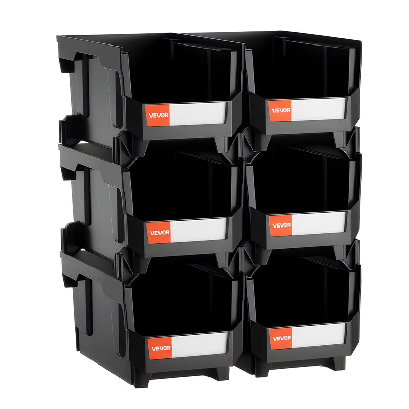 VEVOR sakraujamas plastmasas uzglabāšanas kastes 377 x 215 x 180 mm, konteineri skapim, garāžai, sīkām detaļām, biroja piederumiem un citiem aksesuāriem, 6 gab., melnas - ZEMLETES.LV