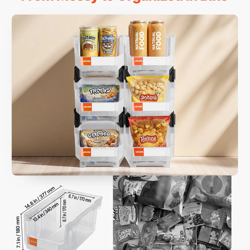VEVOR sakraujamas plastmasas uzglabāšanas kastes 377 x 215 x 180 mm, konteineri skapim, garāžai, sīkām detaļām, biroja piederumiem un citiem aksesuāriem, 6 gab., caurspīdīgas - ZEMLETES.LV