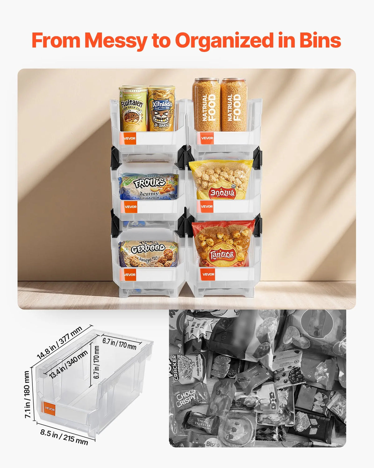 VEVOR sakraujamas plastmasas uzglabāšanas kastes 377 x 215 x 180 mm, konteineri skapim, garāžai, sīkām detaļām, biroja piederumiem un citiem aksesuāriem, 6 gab., caurspīdīgas - ZEMLETES.LV