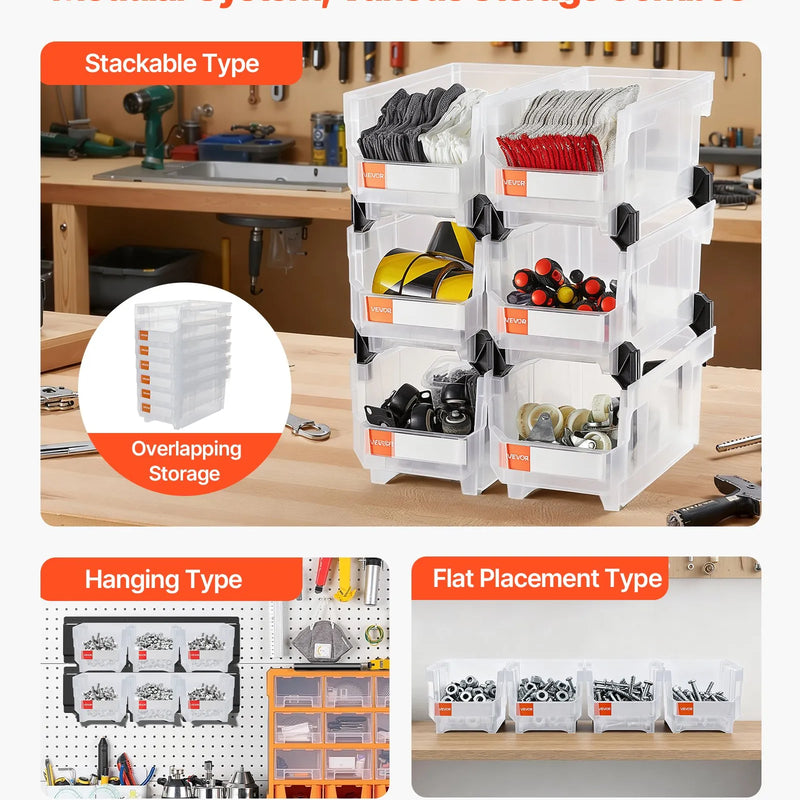 VEVOR sakraujamas plastmasas uzglabāšanas kastes 377 x 215 x 180 mm, konteineri skapim, garāžai, sīkām detaļām, biroja piederumiem un citiem aksesuāriem, 6 gab., caurspīdīgas - ZEMLETES.LV
