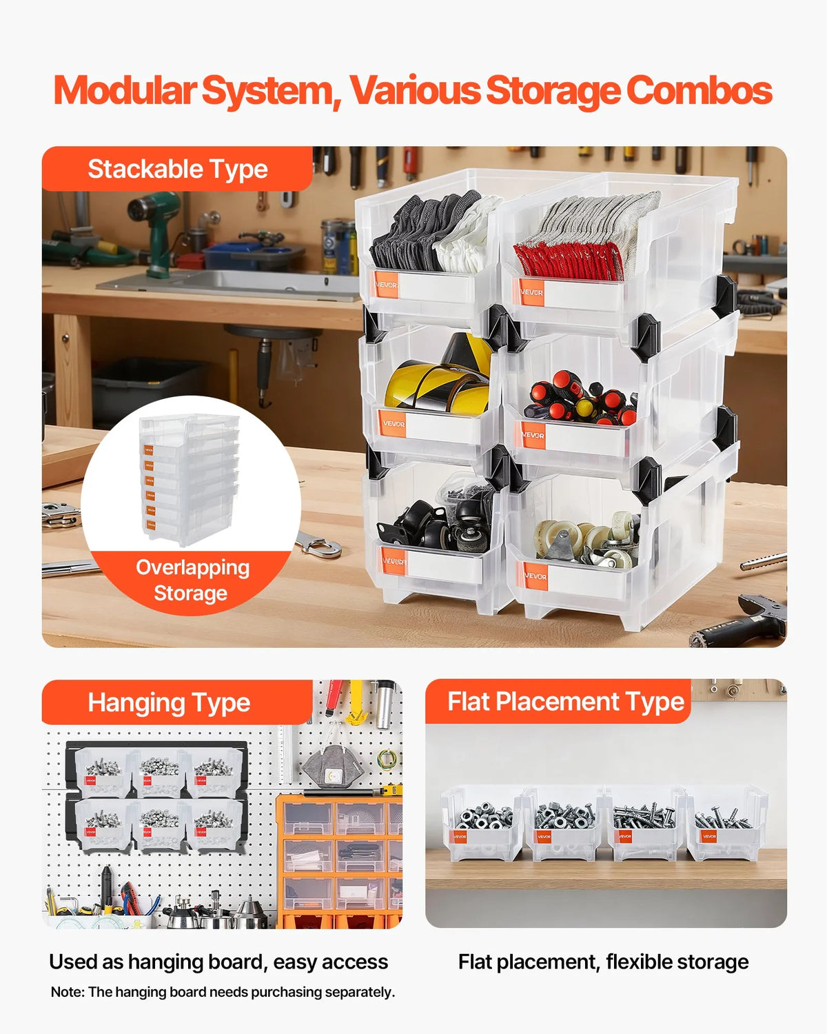VEVOR sakraujamas plastmasas uzglabāšanas kastes 377 x 215 x 180 mm, konteineri skapim, garāžai, sīkām detaļām, biroja piederumiem un citiem aksesuāriem, 6 gab., caurspīdīgas - ZEMLETES.LV