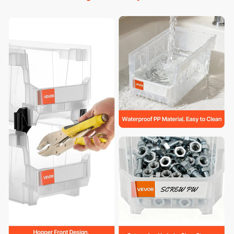 VEVOR sakraujamas plastmasas uzglabāšanas kastes 377 x 215 x 180 mm, konteineri skapim, garāžai, sīkām detaļām, biroja piederumiem un citiem aksesuāriem, 6 gab., caurspīdīgas - ZEMLETES.LV