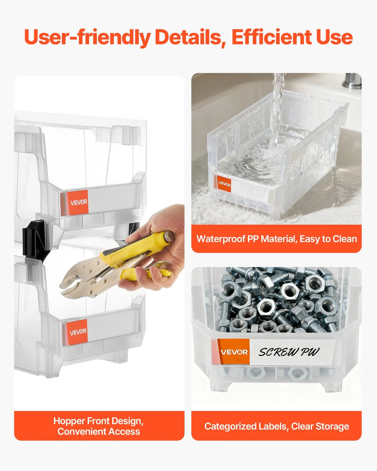 VEVOR sakraujamas plastmasas uzglabāšanas kastes 377 x 215 x 180 mm, konteineri skapim, garāžai, sīkām detaļām, biroja piederumiem un citiem aksesuāriem, 6 gab., caurspīdīgas - ZEMLETES.LV