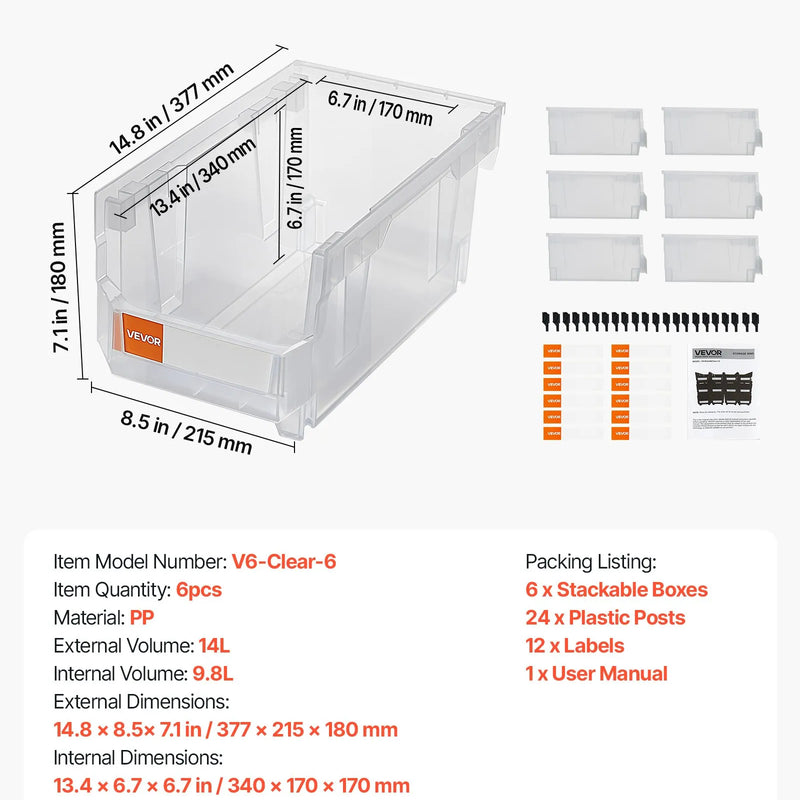 VEVOR sakraujamas plastmasas uzglabāšanas kastes 377 x 215 x 180 mm, konteineri skapim, garāžai, sīkām detaļām, biroja piederumiem un citiem aksesuāriem, 6 gab., caurspīdīgas - ZEMLETES.LV