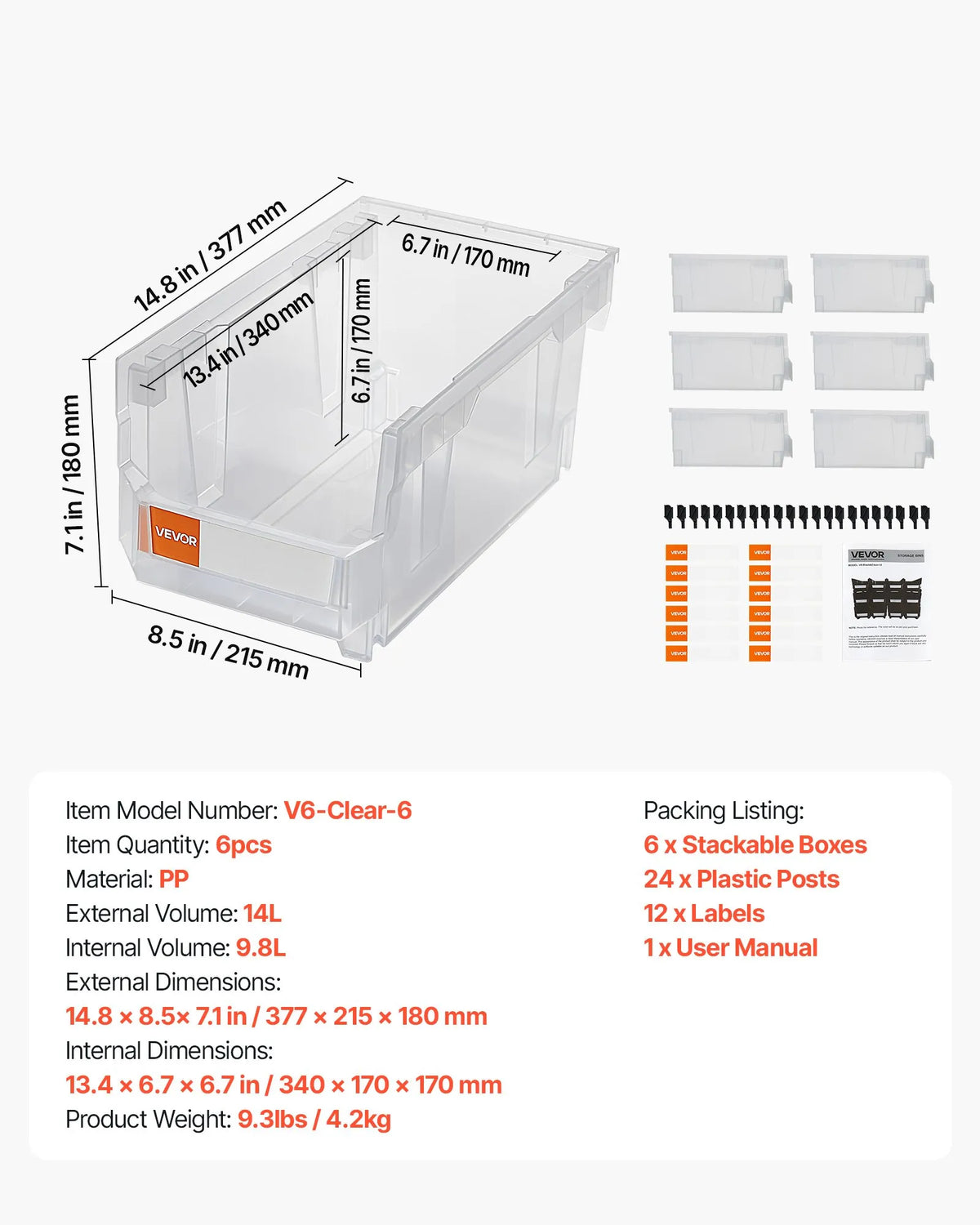 VEVOR sakraujamas plastmasas uzglabāšanas kastes 377 x 215 x 180 mm, konteineri skapim, garāžai, sīkām detaļām, biroja piederumiem un citiem aksesuāriem, 6 gab., caurspīdīgas - ZEMLETES.LV